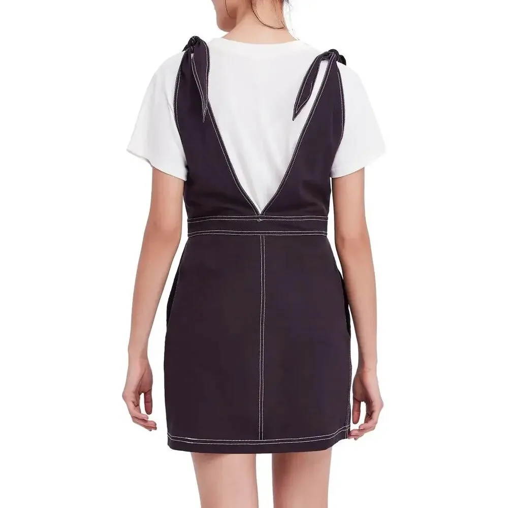 Free‎ People London Town Overall Tie Shoulder Strap Button Front Black Dress NWT